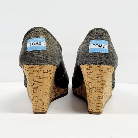 TOMS metallic canvas cork wedge shoes Sz 6.5 - Picture 6 of 9